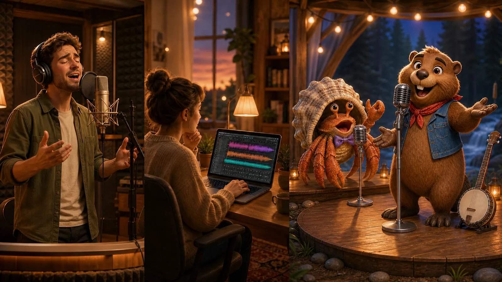 Illustrated comparison of a human custom-song artist, a do-it-yourself music workflow, and a Singagram animated animal song greeting
